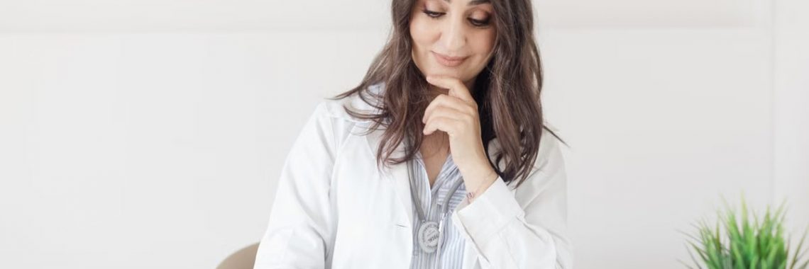 A female nutritionist in a lab coat writing notes with an apple and plant on the desk.